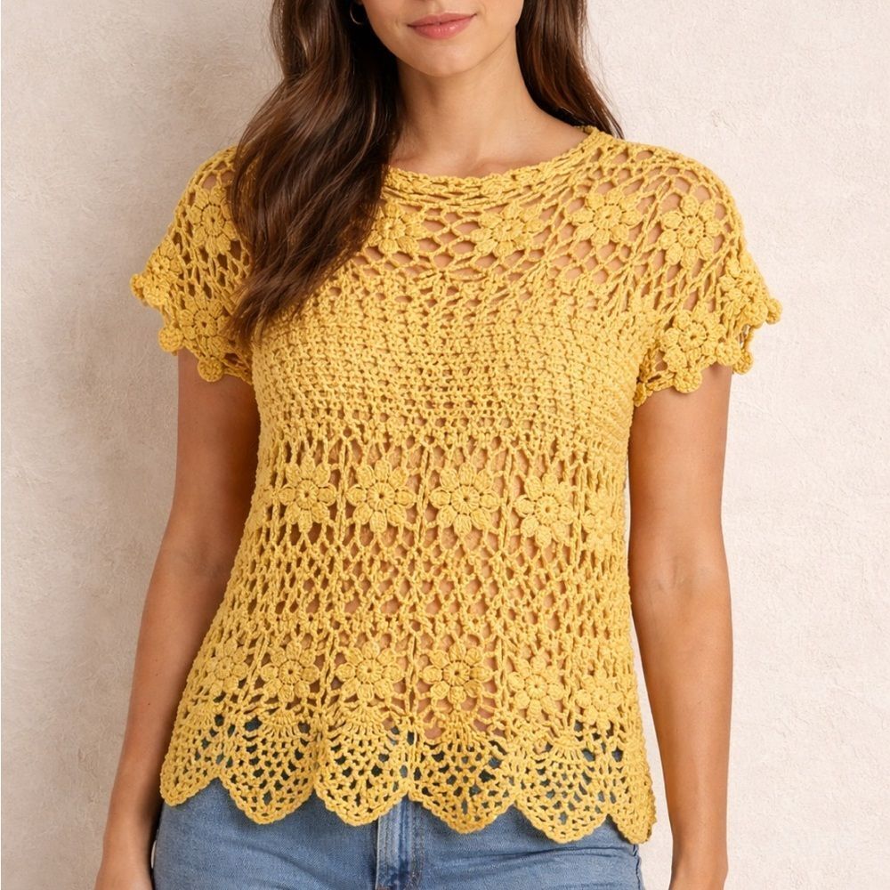 Mirim Elegant Knit Crochet Floral Mustard/Gold Boho Romantic Women’s Top Sz S